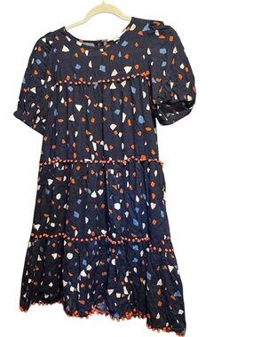 THML Navy Pom-Trim Tiered Dress with Orange & Blue Shapes colorful boho flowy sm